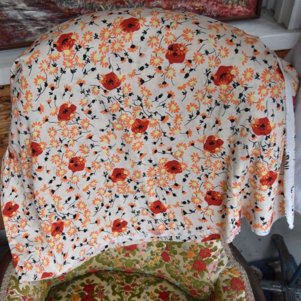Vintage 1970s Klopman Floral Fabric 65x135 Orange Daisy Poppy Sewing 3+ Yards